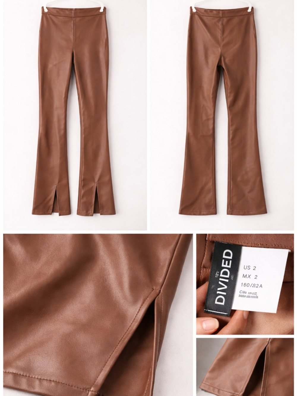 Divided Brown Faux Leather Flared Pants with Front Slits